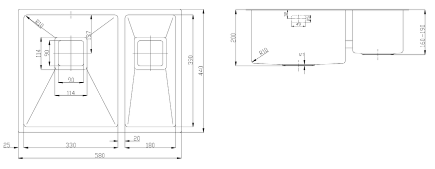 Нерж. мойка Quadro 58 R10 L(58x44) 1,20 мм