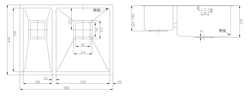 Нерж. мойка Quadro 58 R10 R(58x44) 1,20 мм